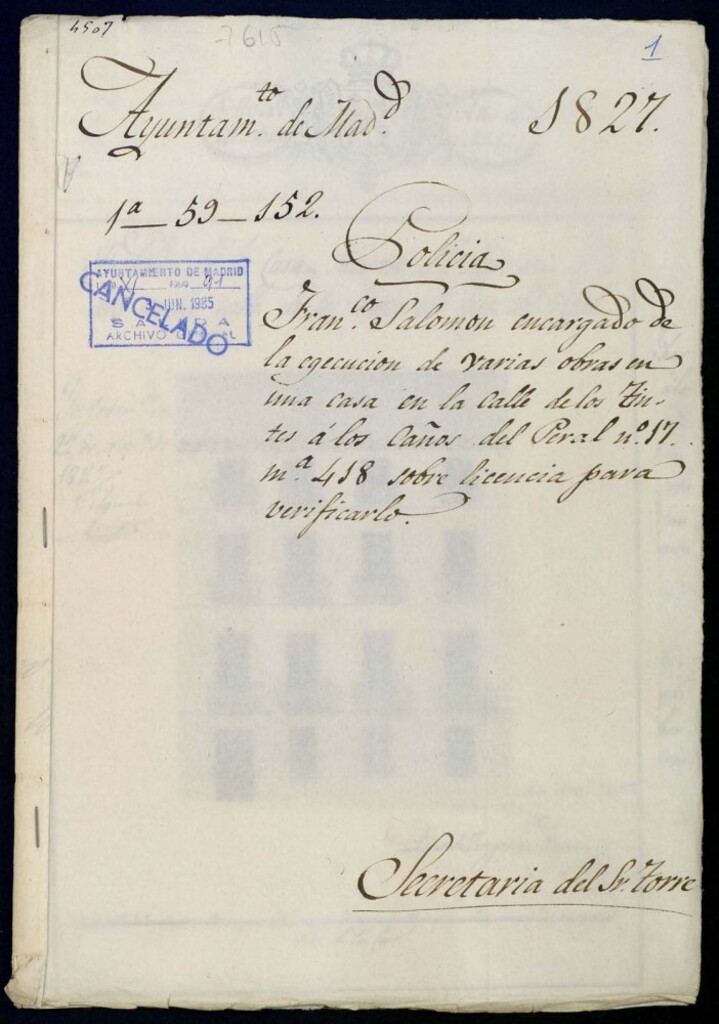 Miniatura de Francisco Salomón encargado de la ejecución de varias obras en una casa en la calle de los Tintes a los Caños del Peral, 17, manzana 418 sobre licencia para verificarlo.