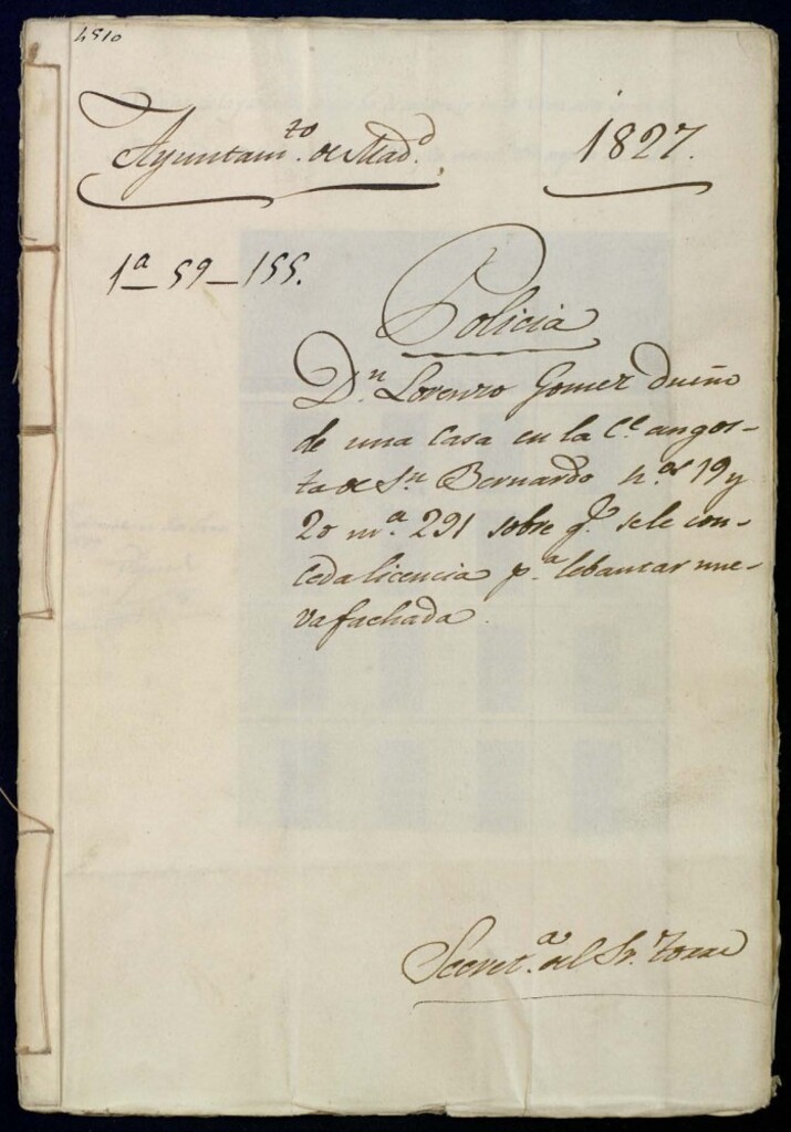 Miniatura de Don Lorenzo Gomez dueño de una casa en la calle angosta de San Bernardo, 19 y 20, manzana 291 sobre que se le conceda licencia para levantar nueva fachada.