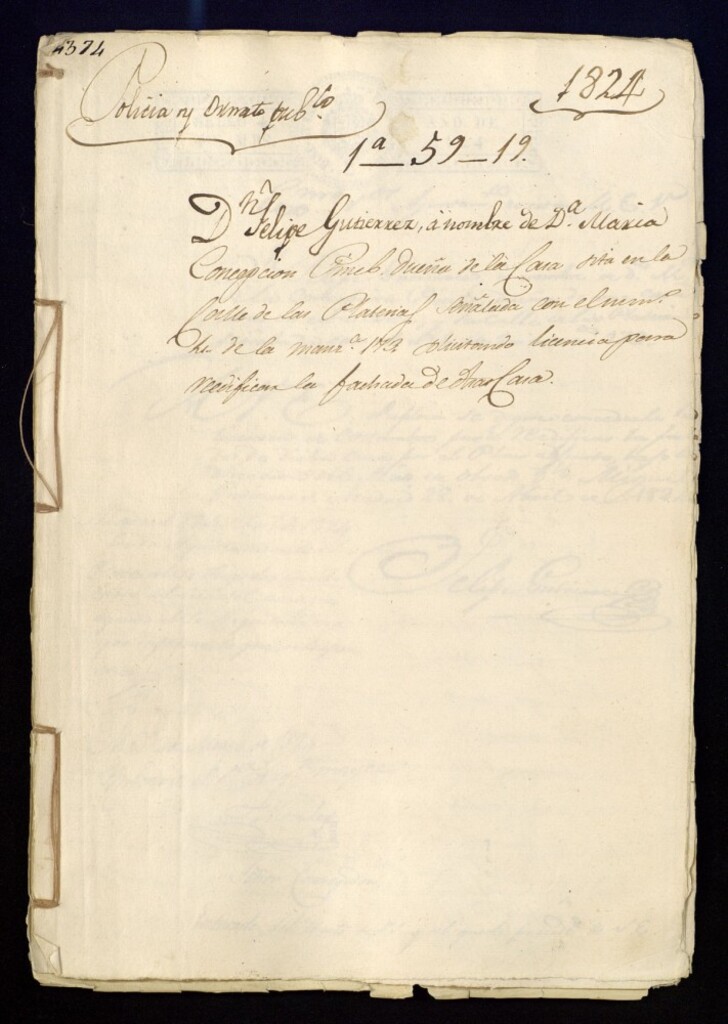 Miniatura de Don Felipe Gutiérrez, a nombre de doña María Concepción Pinel, dueña de una casa sita en la calle de las Platerías, señalada con el nº 4, de la manzana 173, solicitando licencia para reedificar la fachada de dicha casa.