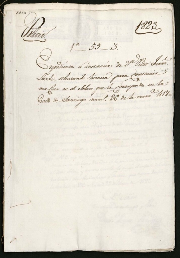 Miniatura de Don Pedro Fernández Losada, solicitando licencia para construir una casa en el solar que le corresponde en la calle de Santiago, nº 26, de la manzana 417
