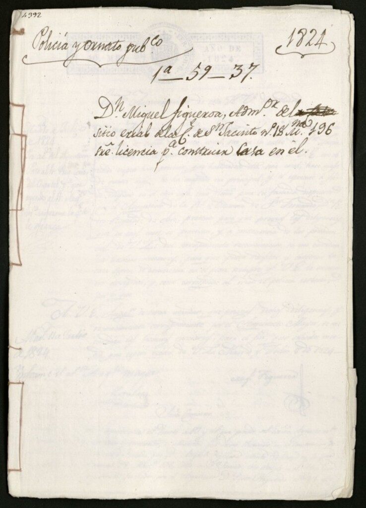 Miniatura de Don Miguel Figueroa, administrador del sitio erial de la de la calle de San Jacinto, nº 18, manzana 196, solicitando licencia para construir casa en él.