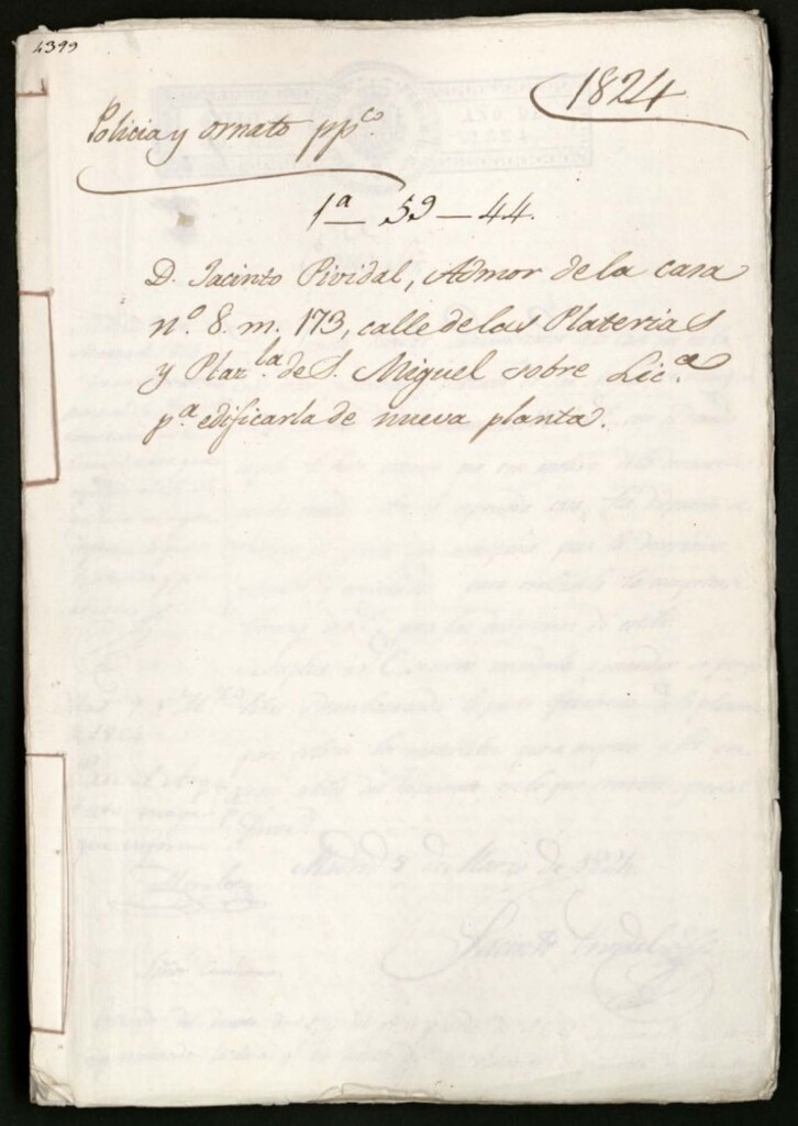 Miniatura de Don Jacinto Pividal, administrador de la casa nº 8, manzana 173, de la calle de las Platerías y la Plazuela de San Miguel, sobre la licencia solicitada para edificarla de nueva planta.