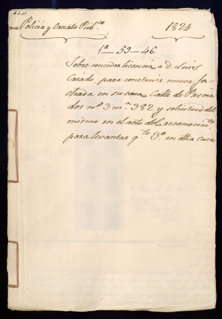 Miniatura de Solicitud de concesión de licencia a don Luis Criado, para construir nueva fachada en su casa de la calle de Preciados, nº 3, manzana 382 y solicitud del mismo en el acto del reconocimiento para levantar cuarto tercero en dicha casa.