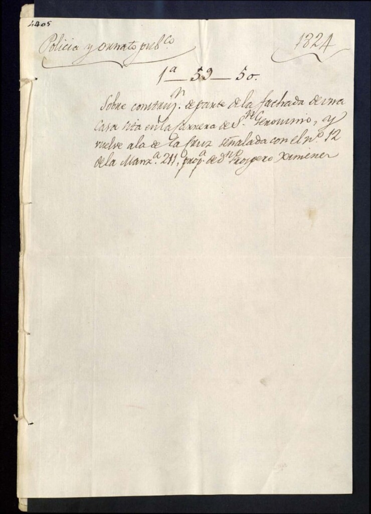 Miniatura de Contrucción de parte de la fachada de una casa sita en la Carrera de San Jerónimo, y vuelve a la de la Cruz señalada con el nº 12, de la manzana 211, propia de don Próspero Jiménez.