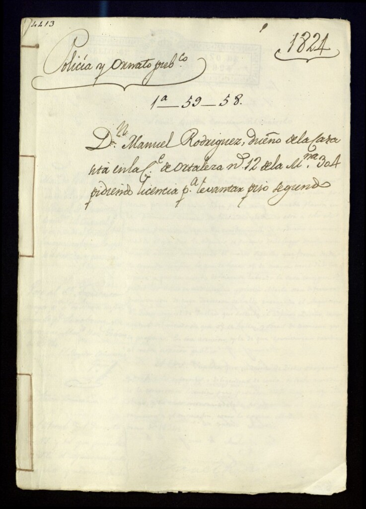 Miniatura de Don Manuel Rodríguez, dueño de la casa sita en la calle de Hortaleza, 12 de la manzana 304, pidiendo licencia para levantar piso segundo.