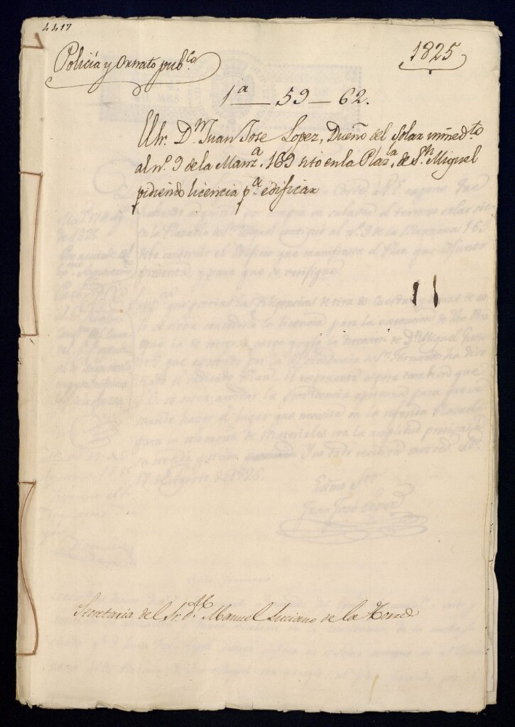 Miniatura de Don Juan José López, dueño del solar inmediato a la Plazuela de San Miguel contiguo al nº 9 de la manzana 169, solicita licencia para edificar.