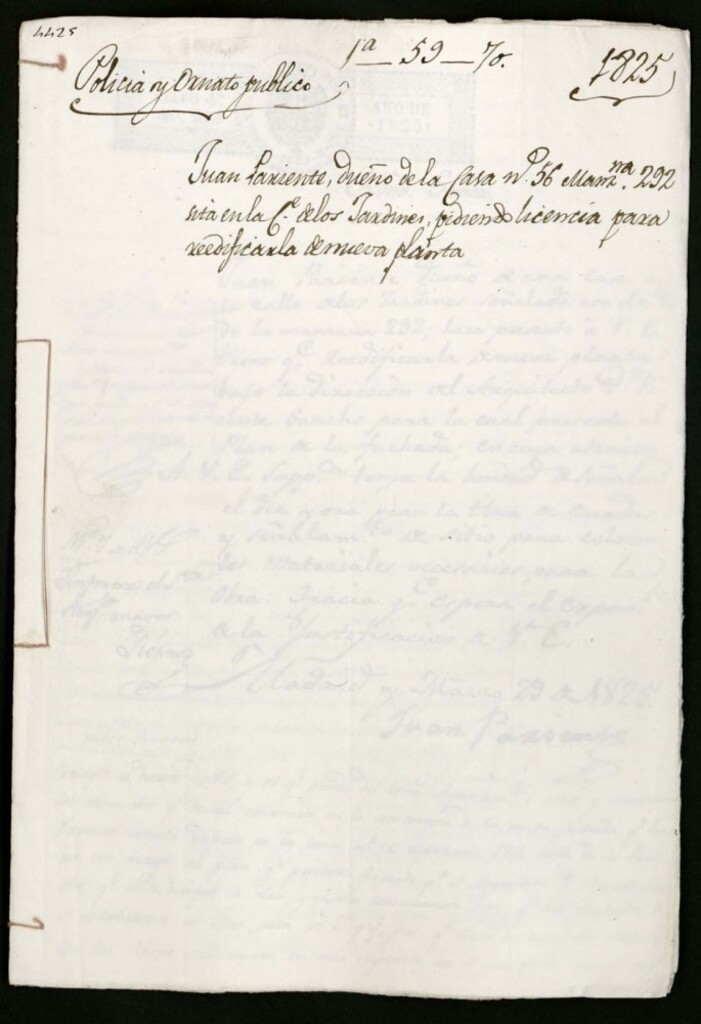Miniatura de Juan Pariente dueño de la casa nº 56, manzana 252, sita en la calle de los jardines, pidiendo licencia para modificarla de nueva planta.