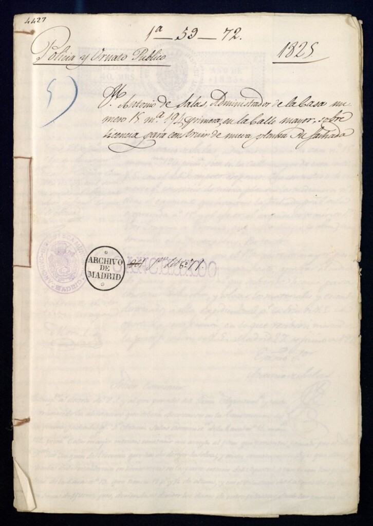 Miniatura de Don Antonio de Salas, administrador de la casa nº 15, manzana 194 primera en la calle Mayor, sobre licencia para construir de nueva planta de su fachada.