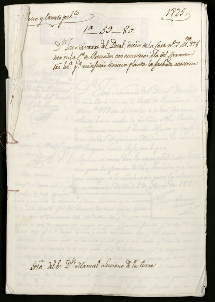 Miniatura de Don José Navarro del Dosal, dueño de una casa sita en la calle de Preciados, 7, manzana 378, con accesorias a la del Carmen sobre licencia para reedificar de nueva planta la fachada accesoria a la del Carmen, sobre licencia para reedificar de nueva planta la fachada