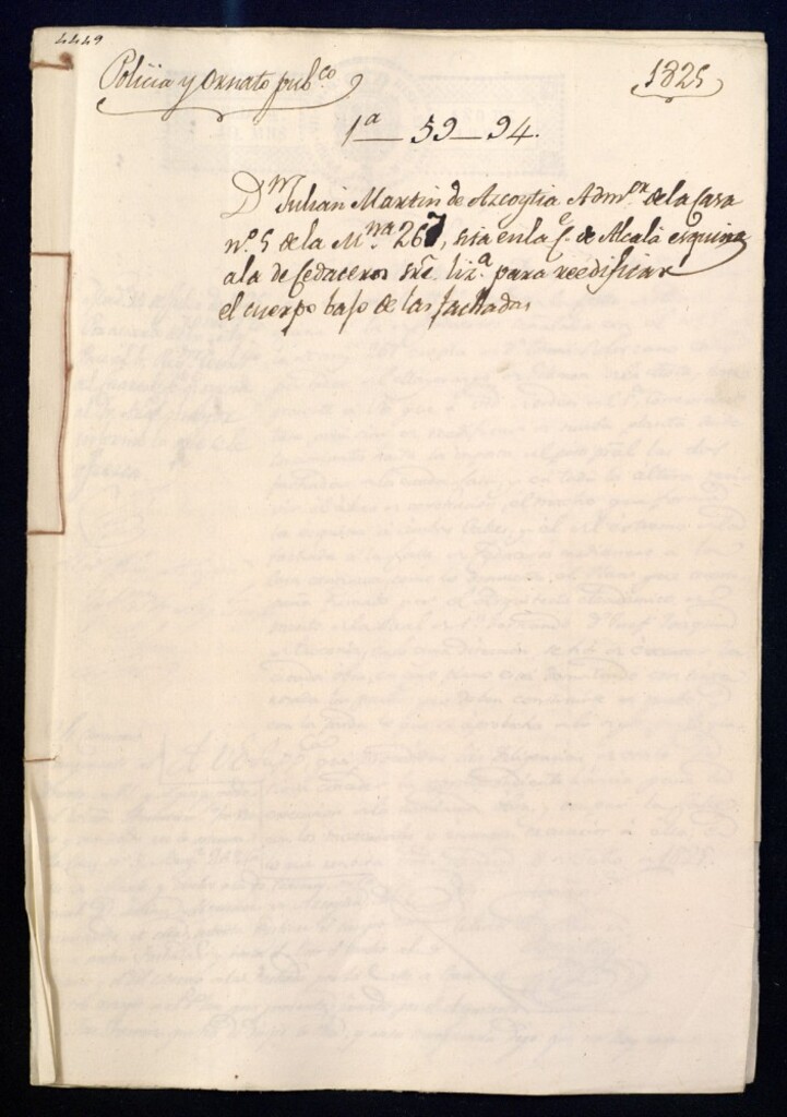 Miniatura de Don Julián Martín de Azcoytia,administrador de la casa nº 5, de la manzana 26, sita en la calle de Alcalá esquina a la de Cedaceros, sobre licencia para reedificar el cuerpo bajo de las fachadas