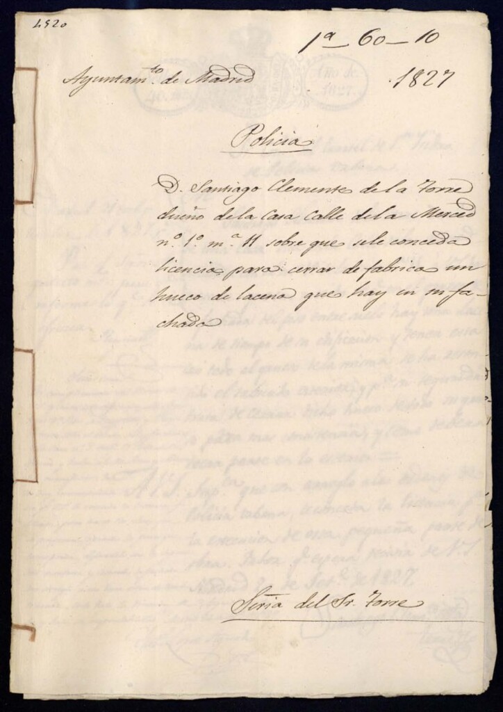 Miniatura de Don Santiago Clemente de la Torre, dueño de la casa de la calle de la Merced, 1, manzana 11, sobre que se le conceda licencia para cerrar de fábrica un hueco de la alacena que hay en su fachada.