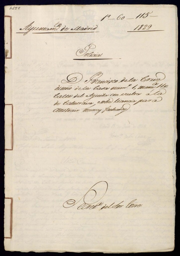 Miniatura de Don Francisco de la Cruz dueño de la casa número 1, manzana 110, calle del Águila con vuelta a la de Calatrava, sobre licencia para construir nuevas fachadas.