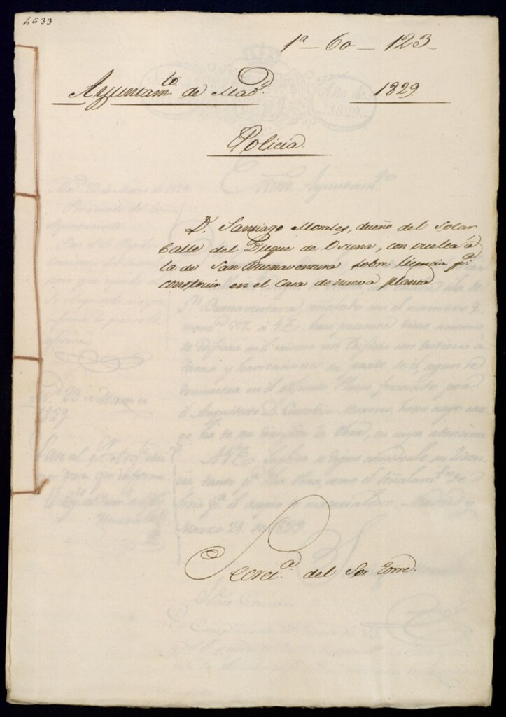 Miniatura de Don Santiago Morales, dueño del solar calle del Duque de Osuna, con vuelta a la de San Buenaventura, sobre licencia para construir en él casa de nueva planta.