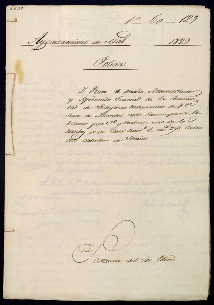 Miniatura de Don Pedro de Otaola, administrador y apoderado general de la comunidad de religiosas mercenarias de San Juan de Alarcón sobre licencia para levantar piso tercero y recalzar la casa número 4 manzana 293 calle del Caballero de Gracia.
