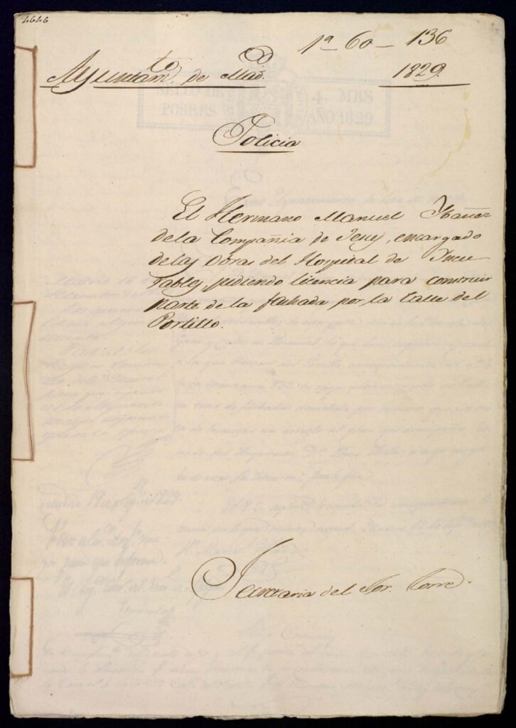 Miniatura de El hermano Manuel Ibáñez de la Compañía de Jesús, encargado de las obras del Hospital de incurables pidiendo licencia para construir parte de la fachada por la calle del Portillo, correspondiente al número 4 de la manzana 539