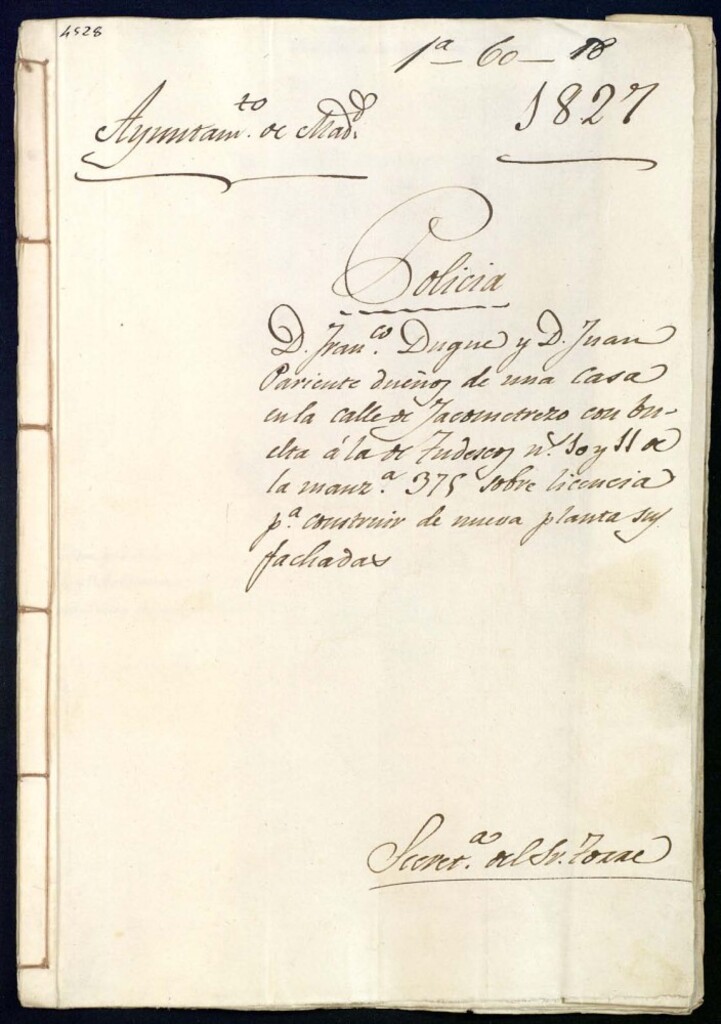 Miniatura de Don Francisco Duque y don Juan Pariente dueños de una casa en la calle de Jacometrezo con vuelta a la de Tudescos, 10 y 11 de la manzana 375, sobre licencia para construir de nueva planta sus fachadas.