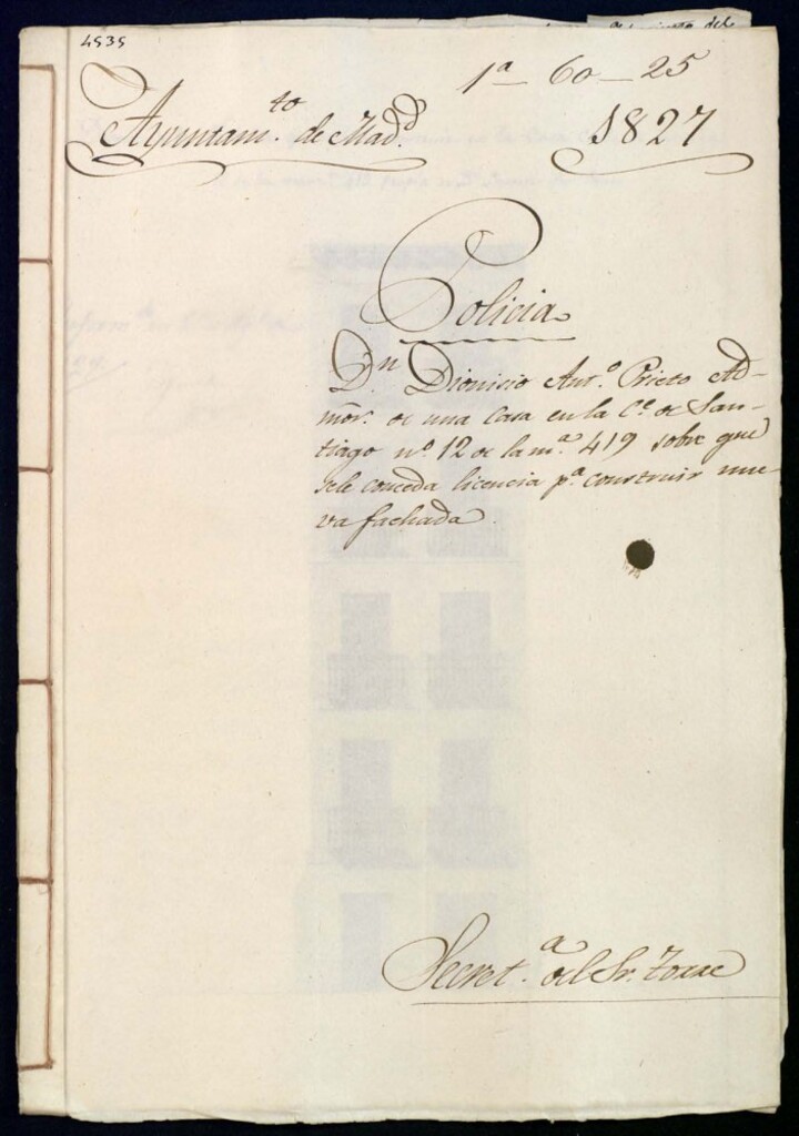 Miniatura de Don Dionisio Antonio Prieto, administrador de una casa en la calle de Santiago, 12 de la manzana 419, sobre que se le conceda licencia para construir nueva fachada.
