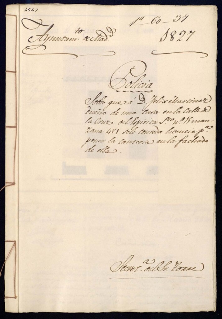 Miniatura de Sobre que a don Félix Martínez, dueño de una casa de la calle de la Cruz del Espiritú Santo, 15, manzana 451, se le conceda licencia para poner la cantería en la fachada.