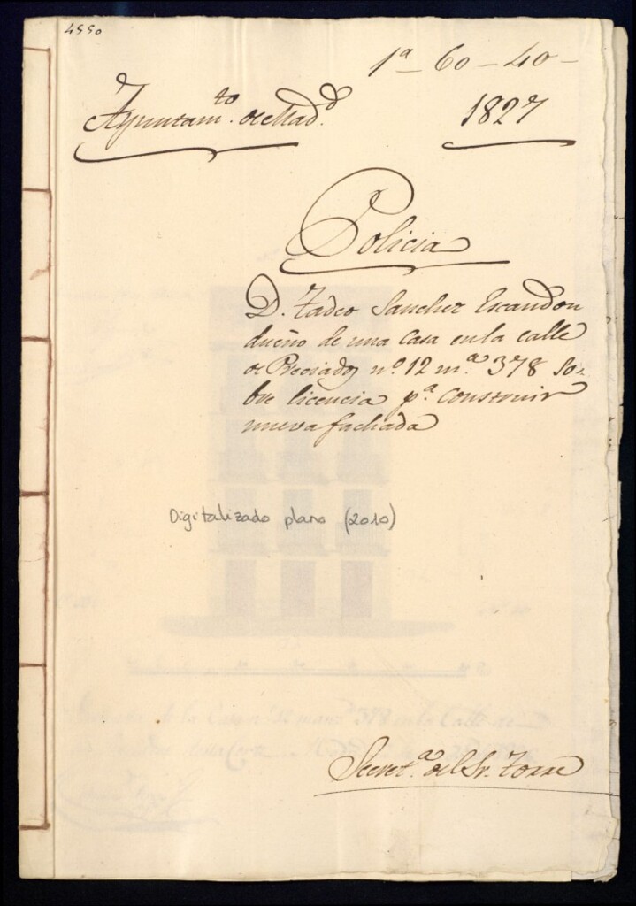 Miniatura de Don Tadeo Sánchez Escandón, dueño de una casa en la calle Preciados nº 12, manzana 378, sobre licencia para construir nueva fachada.
