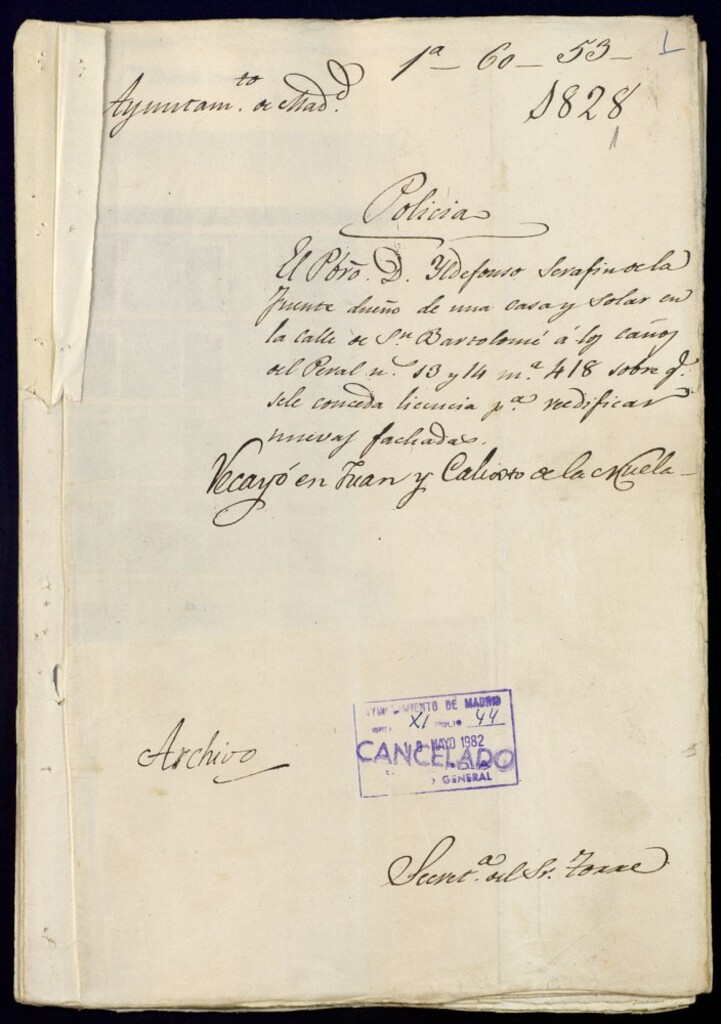 Miniatura de El Presbitero don Ildefonso Serafín de la Fuente, dueño de una casa solar en la calle de San Bartolomé a los caños del Peral, 13 y 14 manzana 418 sobre que se le conceda licencia para reedificar nuevas fachadas. Recayó en Juan y Calixto de la Muela