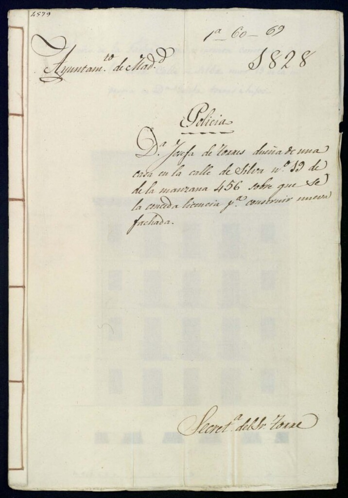 Miniatura de Doña Josefa de Torres dueña de una casa en la calle de Silva, nº 19 de la manzana 456, sobre que se la conceda licencia para construir nueva fachada