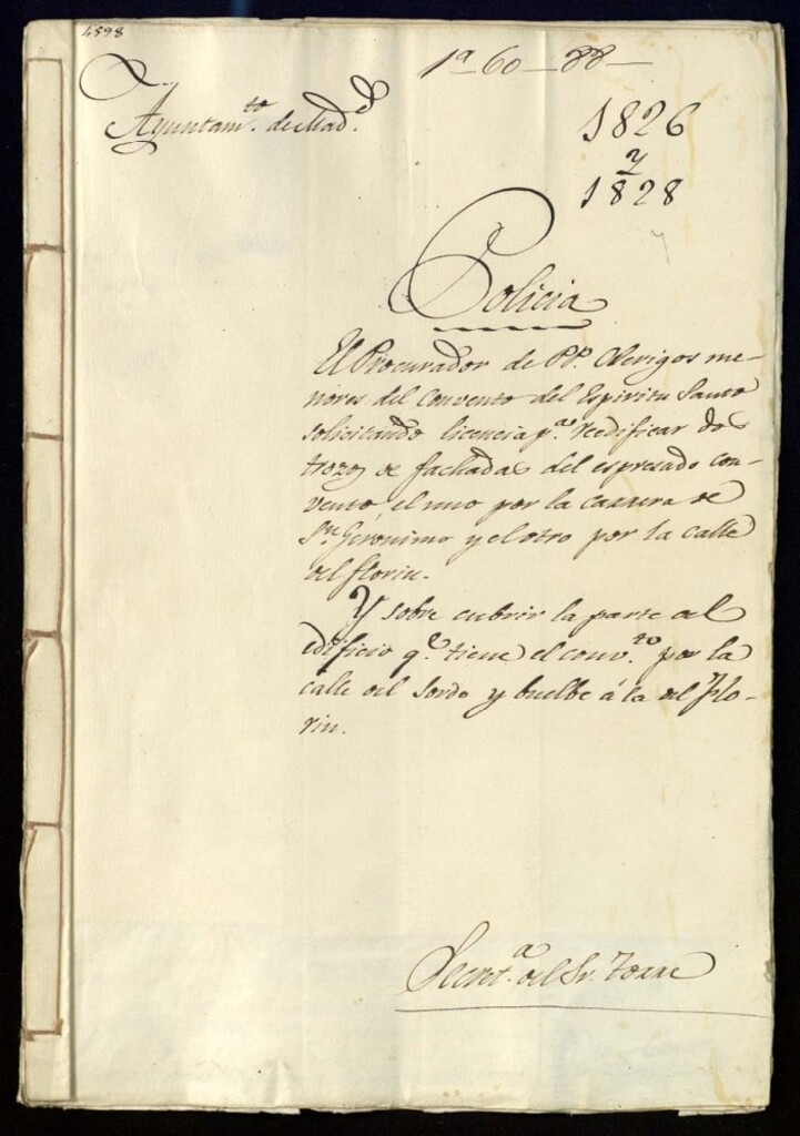 Miniatura de El procurador de padres clérigos menores del convento del Espíritu Santo solicitando licencias para reedificar dos trozos de fachadas del expresado convento, el uno por la carrera de San Jerónimo y el otro por la calle del Florín. Y sobre cubrir la parte del edificio que tiene el vonvento por la calle del sordo y vuelve a la del Florín.