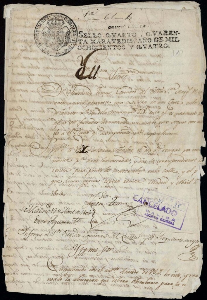 Miniatura de Licencia a Don Fernando Tomás, contador del el Sr. Marqués de Cámara para la construcción de una casa en la calle de Francos (hoy Cervantes) nº 24 antiguo, manzana 228