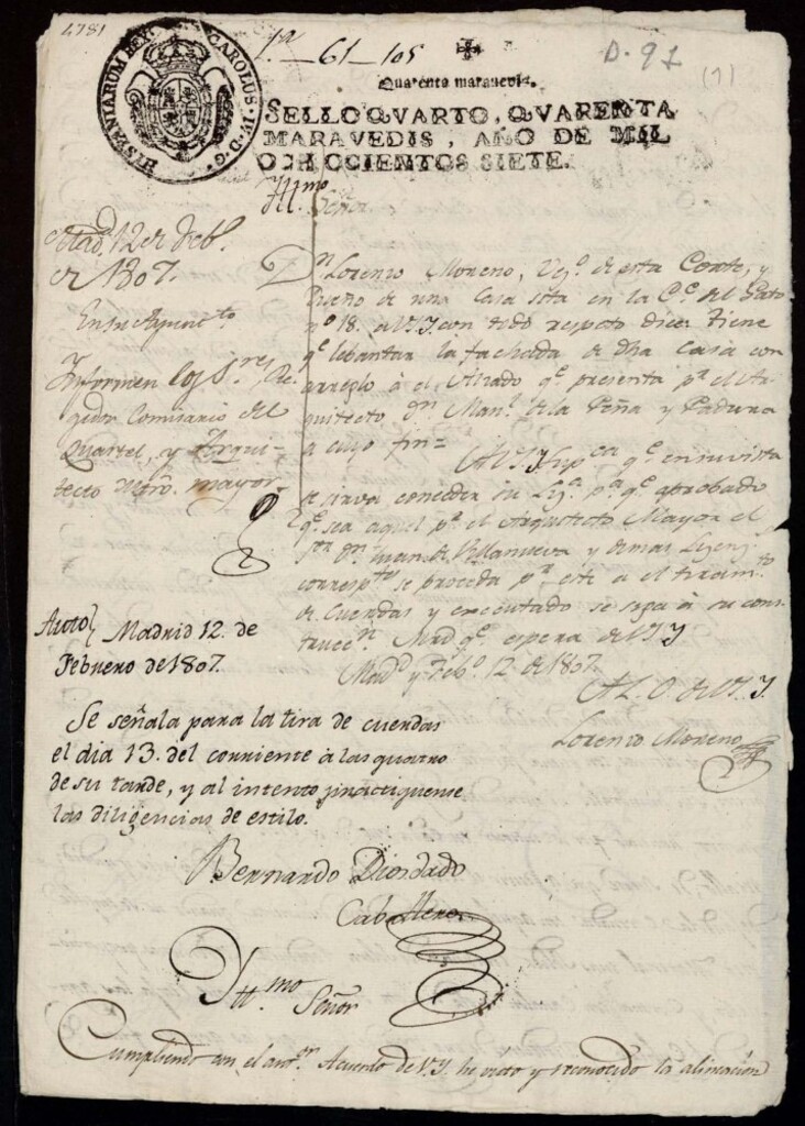 Miniatura de Licencia a Don Lorenzo Moreno para la construcción de la fachada en la calle del Gato nº 18 antiguo, manzana