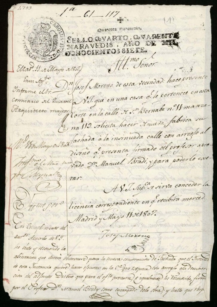 Miniatura de Licencia a Don José Moreno para construir la fachada de la casa en la calle de San Bernabé nº 11 antiguo, manzana 119
