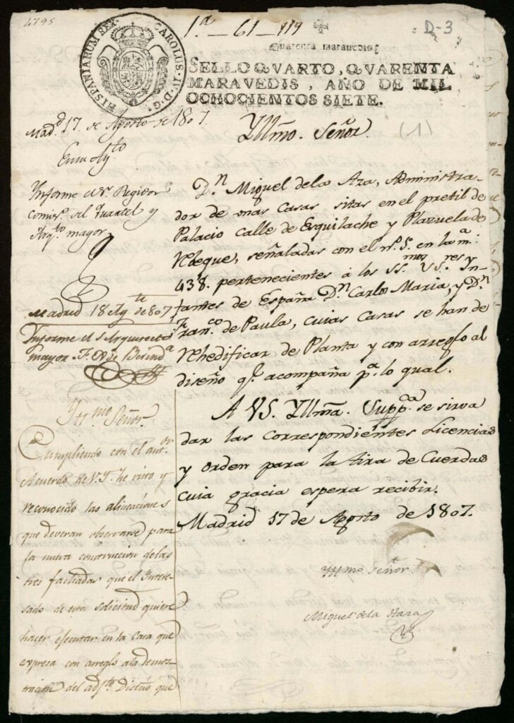 Miniatura de Licencia a Don Miguel de la Aza por los señores infantes Don Carlos María y Don Francisco de Paula para la construcción de la casa en la Plazuela de Reveque nº 1 antiguo, manzana 438