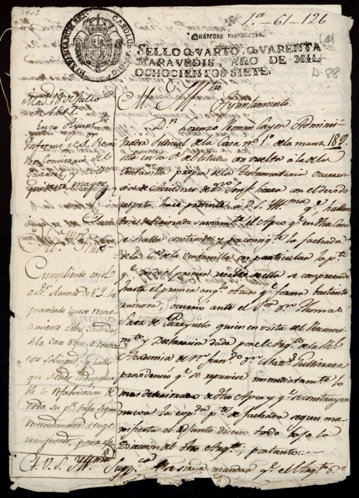 Miniatura de Licencia a Don Lorenzo Román Cayon administrador judicial de las Testamentaría de Don José Herrera para la recomposición de la fachada de la casa en la calle de la Villa nº 1 antiguo, manzana 189