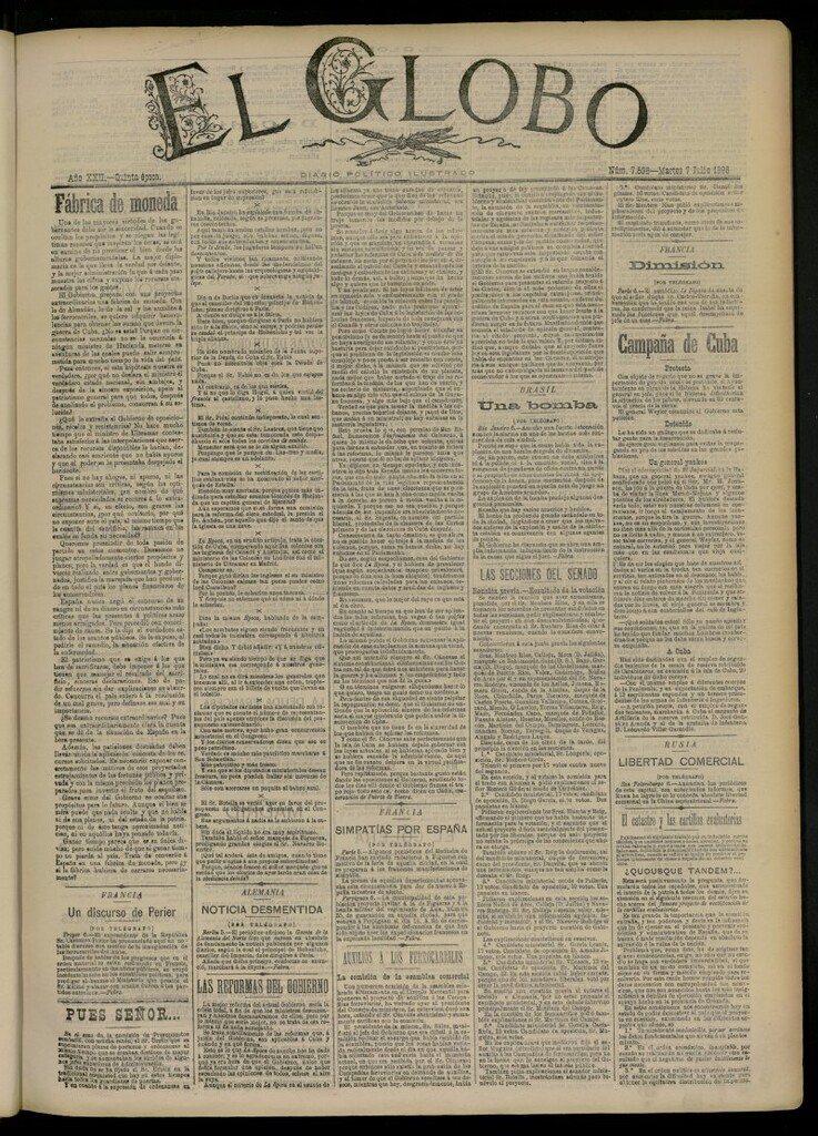 Miniatura de El Globo : diario ilustrado del 7 de julio de 1896, nº 7538