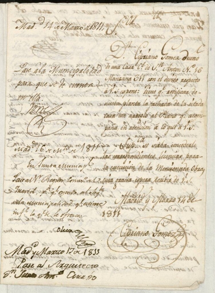 Miniatura de Licencia a Don Cipriano Gómez para construir la fachada de la casa en la calle de San Antón nº 16 antiguo, manzana 311 (hoy Pelayo)