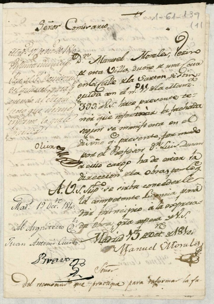 Miniatura de Licencia a Don Manuel Morales para construir la fachada de la casa en la calle de la Sartén nº 11 antiguo, manzana 399