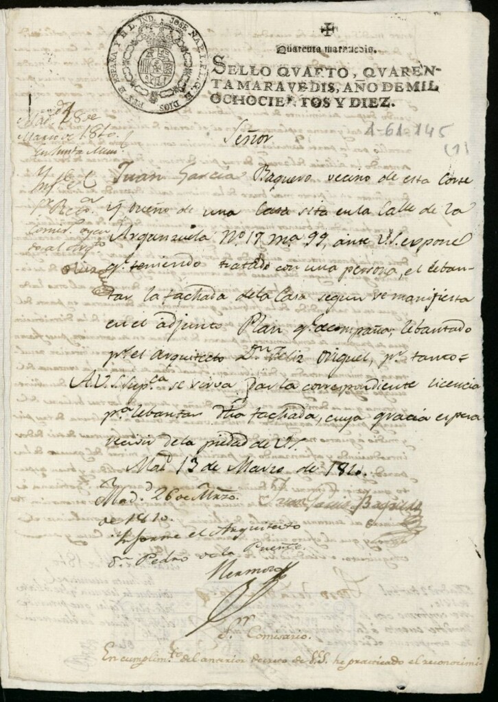 Miniatura de Licencia a Don Juan García Baquero para construir la fachada de la casa en la calle de la Arganzuela nº 17antiguo, manzana 99
