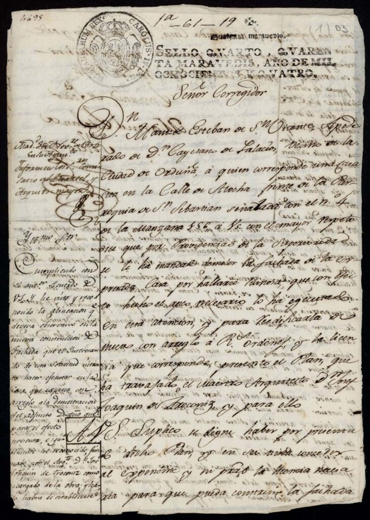 Miniatura de Licencia a Don Manuel Esteban de San Vicente para construir la fachada de la casa de la calle de Atocha nº 4 antiguo, manzana 496