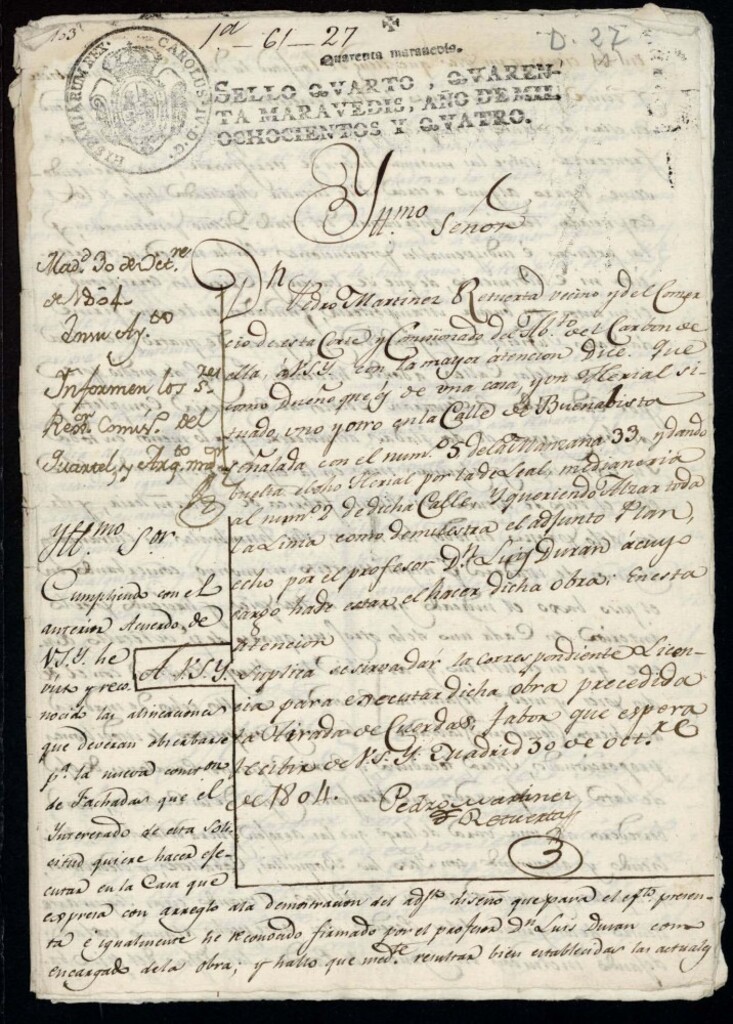 Miniatura de Licencia a Don Pedro Martínez Retuerta para construir la fachada de la casa en la calle Buenavista nº 5 antiguo, manzana 33