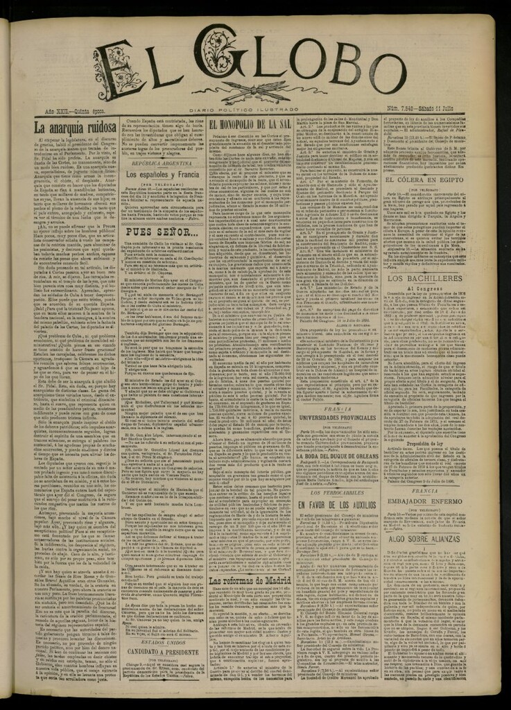 Miniatura de El Globo : diario ilustrado del 11 de julio de 1896, nº 7542