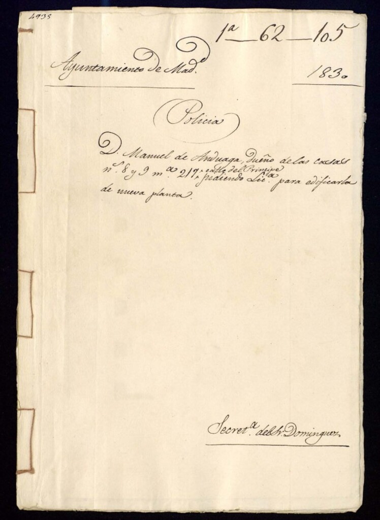 Miniatura de Don Manuel de Andruaga, dueño de las casas número 8 y 9, manzana 217, calle del Principe pidiendo licencia para edificarla de nueva planta.