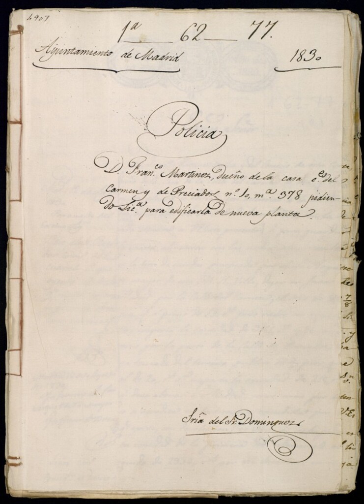 Miniatura de Don Francisco Martínez, dueñode la casa de la calle del Carmen y de Preciados, 10, manzana 378, pidiendo licencia para edificarla de nueva planta.
