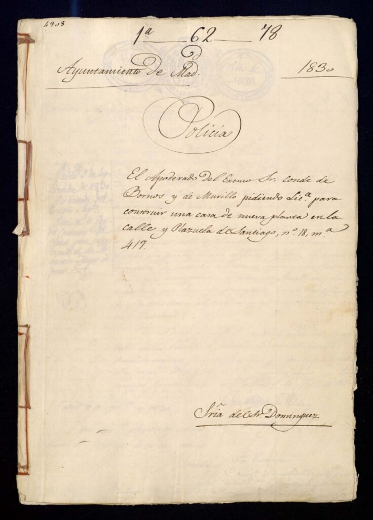 Miniatura de El apoderado del señor conde de Bornos y de Murillo pidiendo licencia para construir una casa de nueva planta en la calle y Plazuela de Santiago, 18, manzana 417