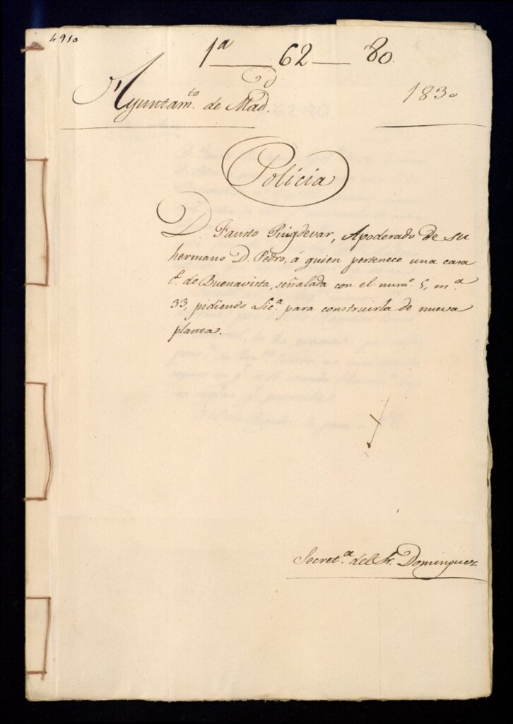 Miniatura de Don Fausto Puigdevar, apoderado de su hermano don Pedro a quien pertenece una casa en la calle de Buenavista señalada con el número 5, manzana 33, pidiendo licencia para construirla de nueva planta.