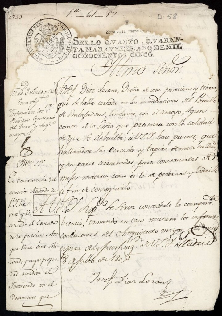 Miniatura de Licencia a Don José Díaz Lozano para cercar un terreno a las afueras del Portillo en Embajadores