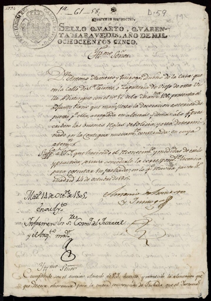 Miniatura de Licencia a Don Antonio Armesto y Quiroga para construir la fachada de la casa en la calle de Zaragoza nº 17 antiguo, manzana 176