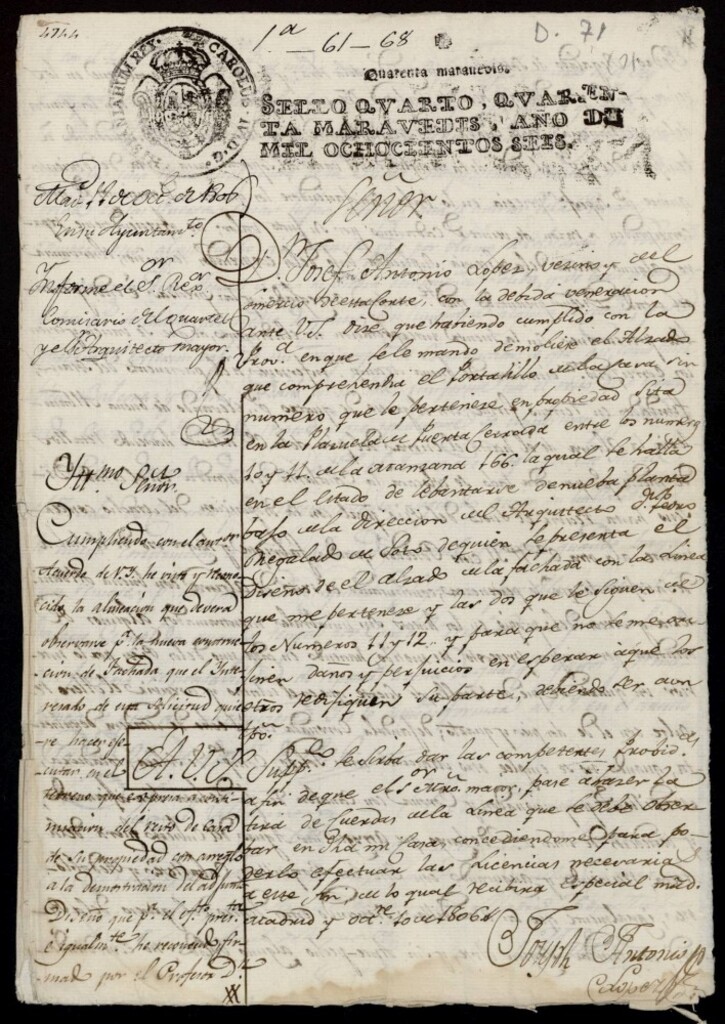 Miniatura de Licencia a Don José Antonio López para construir la fachada de la casa en la Plazuela Puerta Cerrada nº 10 y 11 antiguo, manzana 166