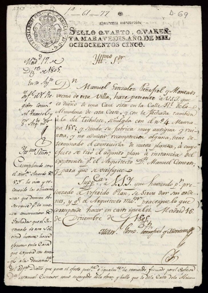 Miniatura de Licencia a Don Manuel González Peñafiel para construir una casa en la calle de la Almudena (hoy Mayor) nº 4 antiguo, manzana 185