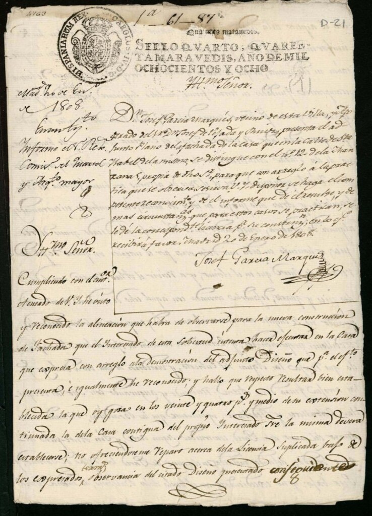 Miniatura de Licencia a Don José García Marqués para construir la fachada de la casa en la calle de Santa Isabel nº 12 antiguo, manzana 5