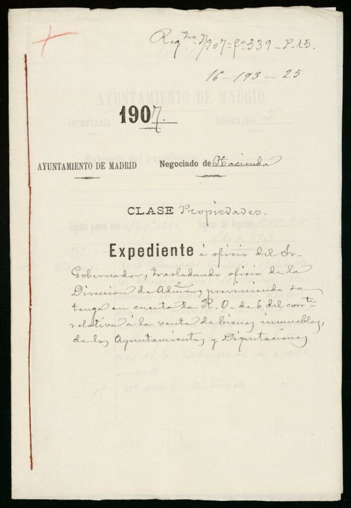 Miniatura de Expediente a oficio del Señor Gobernador, trasladando oficio de la Dirección de Administración, previniendo se tenga en cuenta la Real Orden de 6 del corriente relativa a la venta de bienes inmuebles de los Ayuntamientos y Diputaciones.
