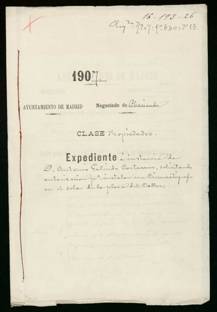 Miniatura de Expediente a instancia de Don Antonio Galindo Cortacans, solicitando autorización para instalar un cinematógrafo en el solar de la Plaza del Callao.