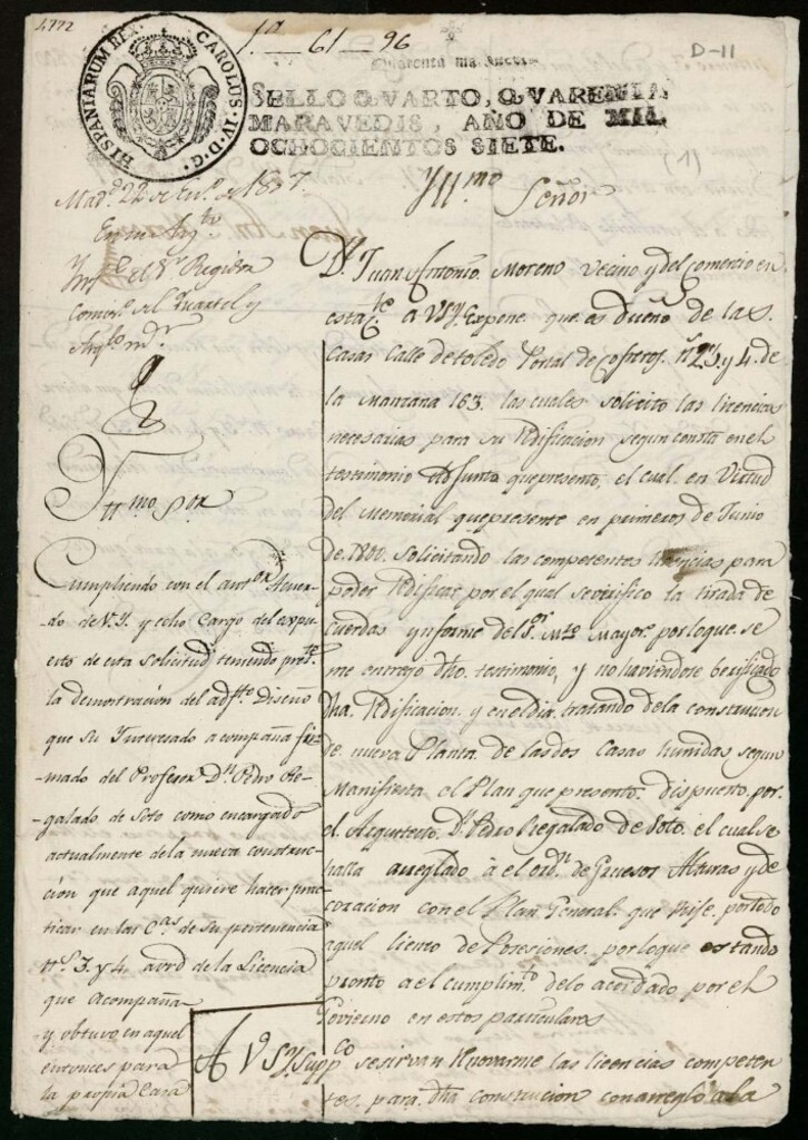Miniatura de Licencia a Don Juan Antonio Moreno para construir una casa en la calle de Toledo y Portal de Cofreros nº 2, 3 y 4 antiguos, manzana 163
